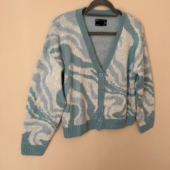 NWOT ASOS Design Swirl Pattern Button Front Cropped Blue Cardigan Size 10 Medium - Picture 4 of 8
